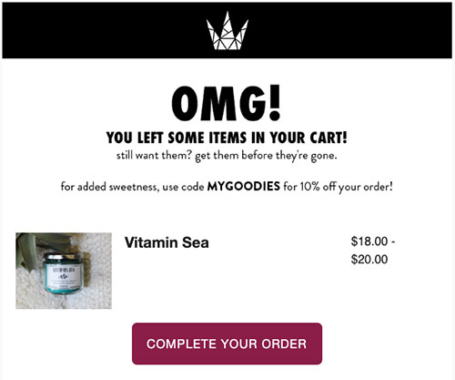 Discount code - cart abandonment messages - welcome message examples