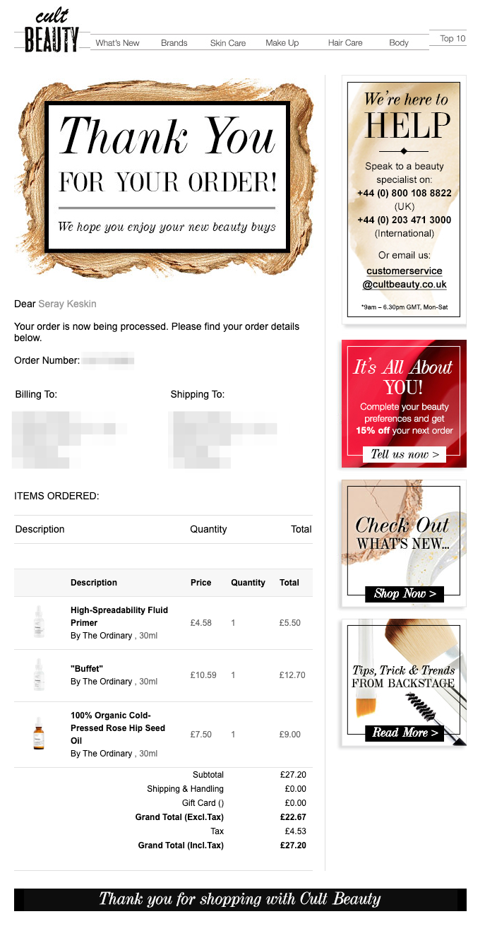 Order confirmation email - Cult Beauty - Welcome messages